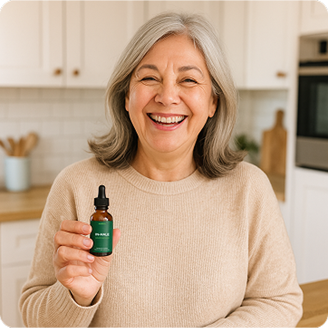 Happy woman holding a bottle of botanical tincture